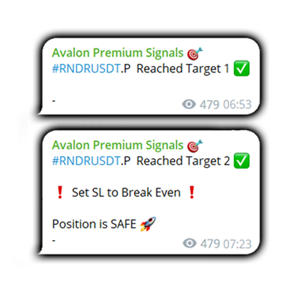 Telegram Screenshot RNDRUSDT Signale erreichte Target 1 und Target 2 mit Safe Position Status
