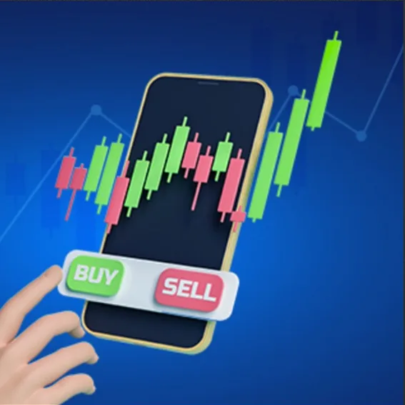 Smartphone mit Candlestick-Charts und Buy-Sell-Buttons für mobiles Trading