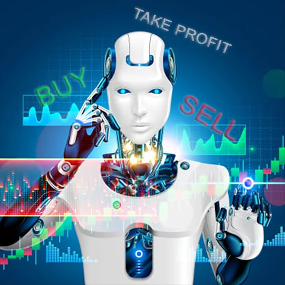 Weißer Roboter mit Candlestick-Charts und Handelsaktionen Buy, Sell, Take Profit