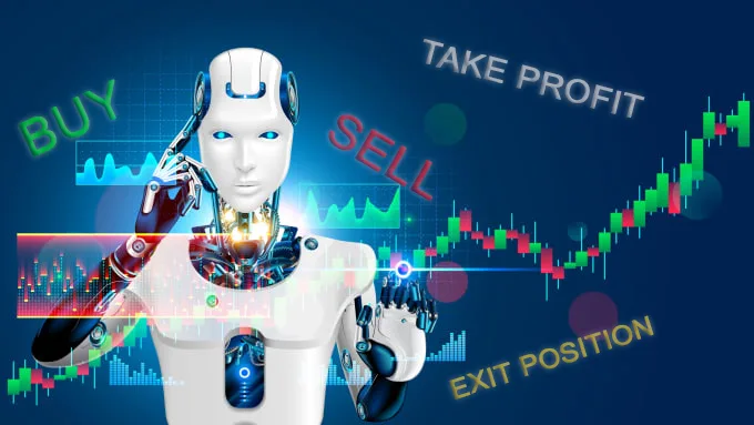 Avalon Algo Trading Bot mit Roboter, Candlestick-Charts und Handelsaktionen Buy, Sell, Take Profit