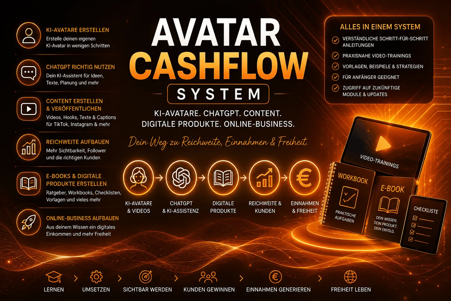 Avatar Cashflow System – KI-Avatare und Content-Erstellung 3 Avatar Cashflow System Infografik mit Systemübersicht, Modulen, Video-Trainings, Workbook und Erfolgsprozess
