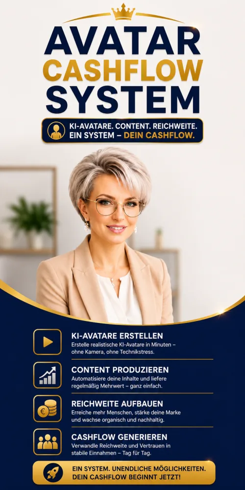 Avatar Cashflow System – KI-Avatare und Content-Erstellung 4 Avatar Cashflow System mobile Version mit Frau, KI-Avatar-Erstellung, Content-Produktion, Reichweite und Cashflow