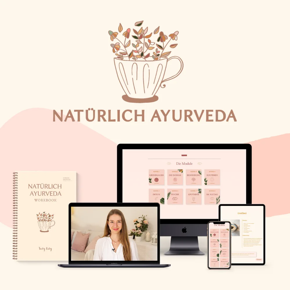 Natürlich Ayurveda Onlinekurs Mockup mit Workbook, Laptop und Mobile Geräten