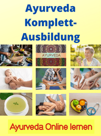 Ayurveda-Komplett-Ausbildung – Videokurs für Alltag und Beruf 1 Cover der Ayurveda-Komplett-Ausbildung mit Collage aus Kursbildern und Text