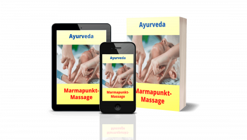 Produktmockup mit Tablet, Smartphone und Buch zum Thema Ayurveda Marmapunkt-Massage