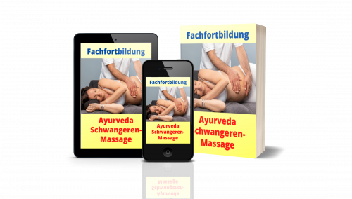 Mockup Videokurs mit Tablet, Smartphone und Buch zum Thema Ayurveda-Schwangerenmassage