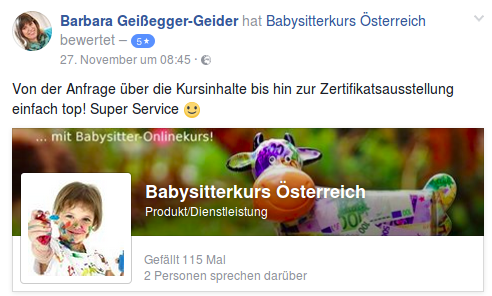 Facebook-Bewertung von Barbara Geißbegger-Geider zum Babysitterkurs