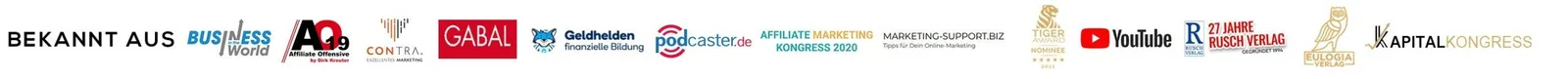 Logo-Galerie mit bekannten Partnern wie Business World, AO, GABAL, Geldhelden, Podcaster, Affiliate Marketing Kongress, YouTu