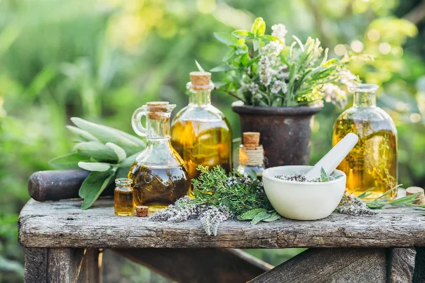 Kräuter-Tinkturen in Glasflaschen mit Blüten und Mörser auf Holztisch