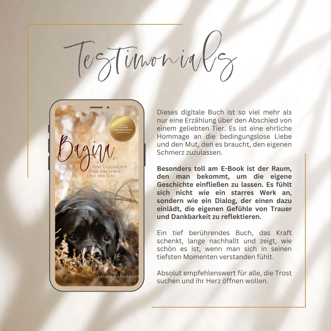 Testimonial-Seite mit Heading Testimonials und E-Book-Mockup auf Smartphone mit positiven Kundenbewertungen