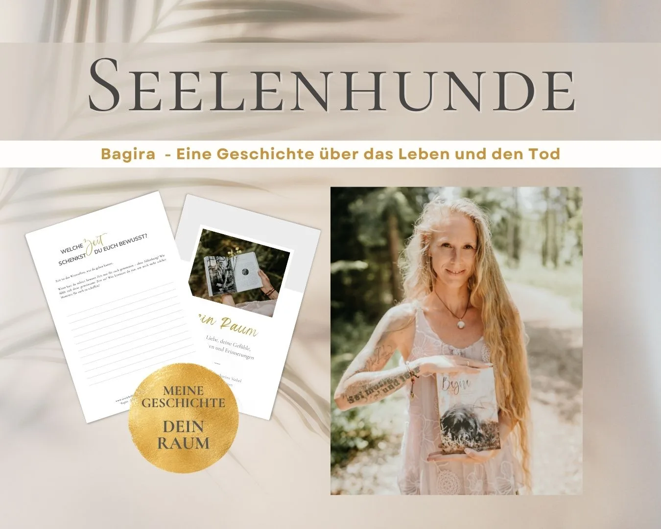 Bagira-Hero Banner mit Produktmockup, Worksheets, Siegel und Porträtfoto der Autorin mit Buchcover