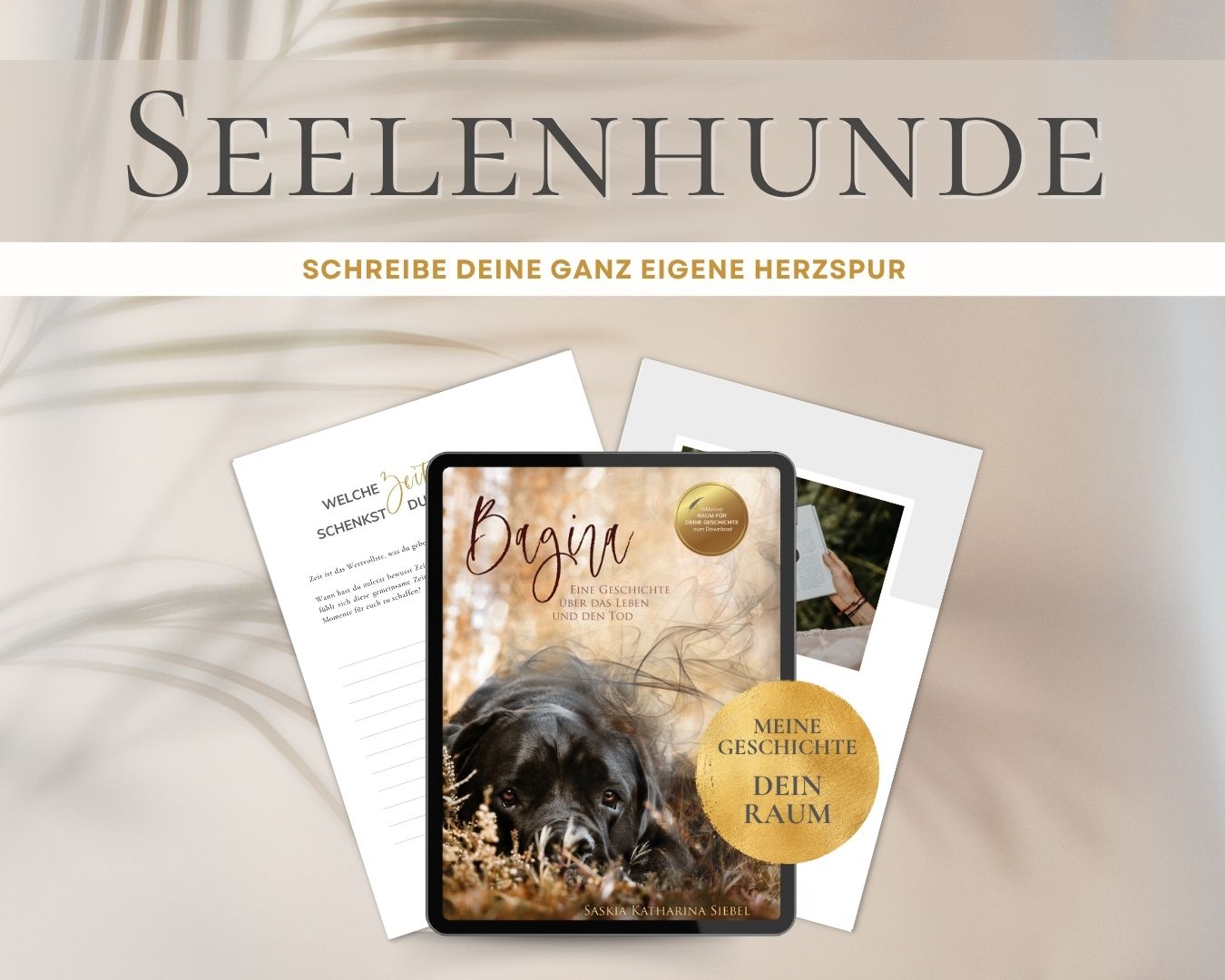 Hero-Banner mit Seelenhunde-Schriftzug, Produktmockup des E-Books Bagira auf Tablet und Smartphone, Worksheets und goldenem S