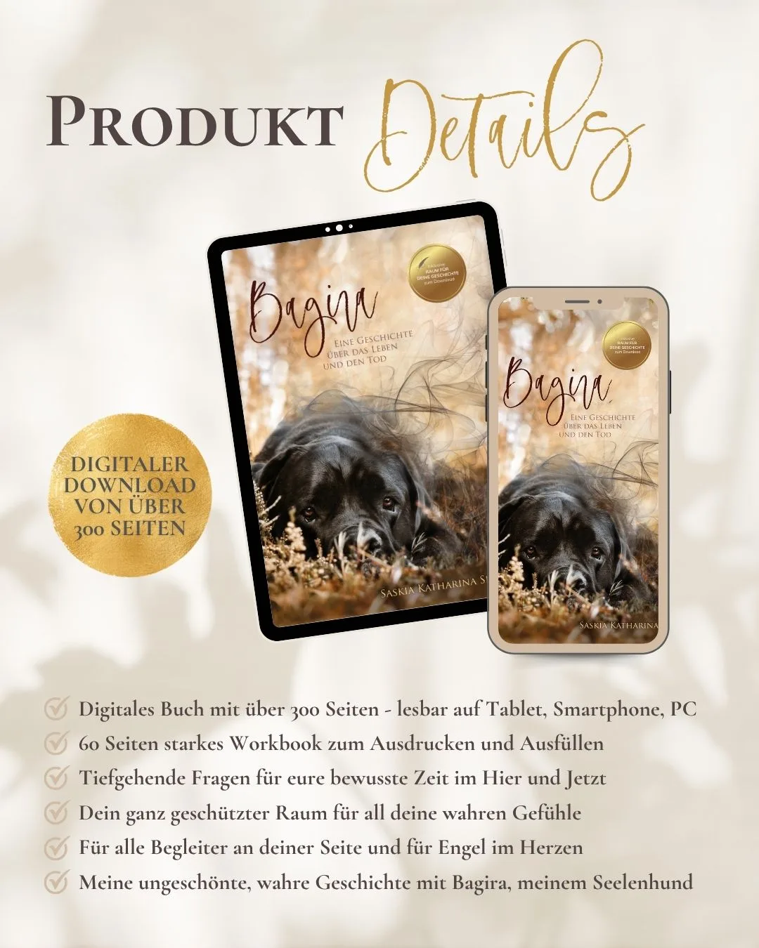 Produktdetails-Mockup zeigt E-Book auf Tablet und Smartphone mit Überschrift Produkt Details und goldenem Siegel Digitaler Do