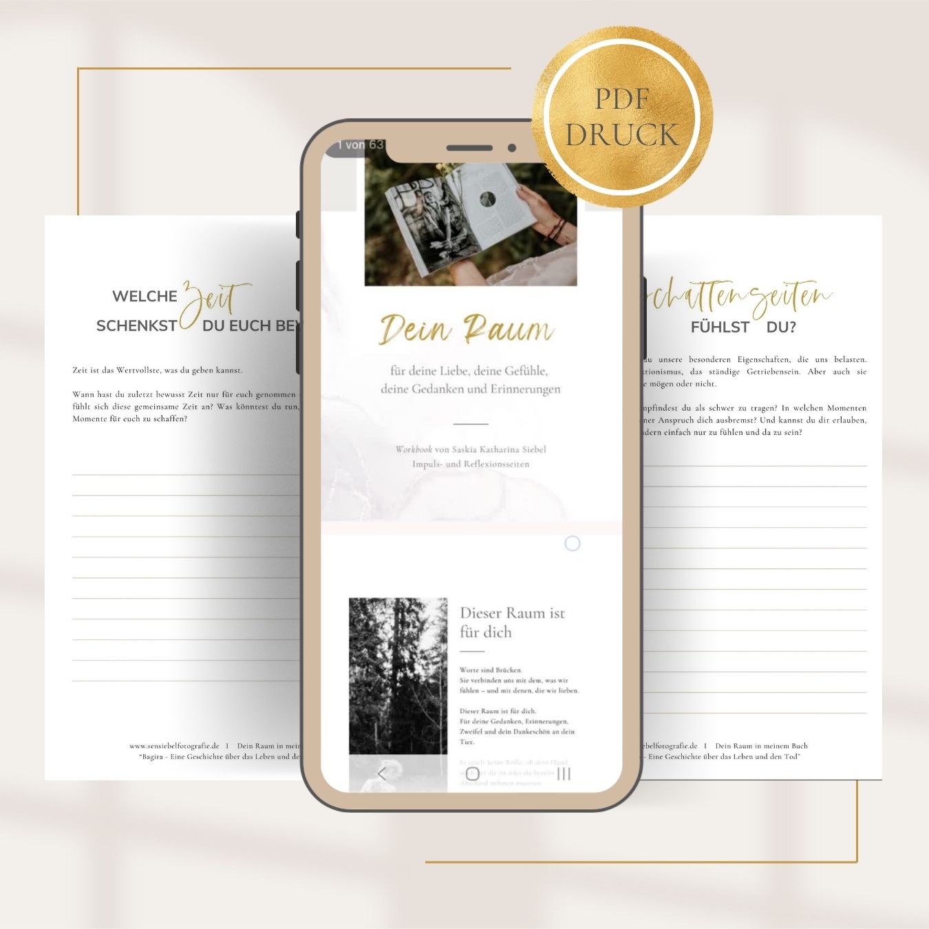 PDF-Druck Mockup zeigt E-Book auf Smartphone zwischen Worksheets mit Heading Dein Raum und Siegel PDF Druck