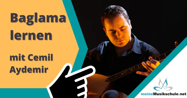 Hero-Banner mit Baglama-Kurs: Cemil Aydemir spielt Instrument, gelber und türkiser Design