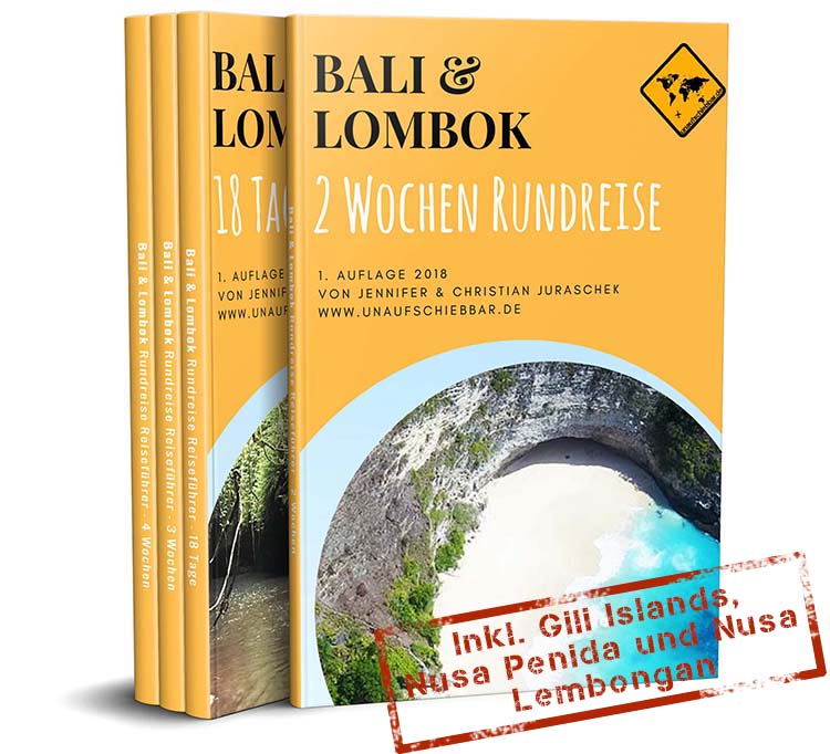 Drei Bücher des Bali Lombok Reiseführers mit gelbem Cover nebeneinander mit Stempel