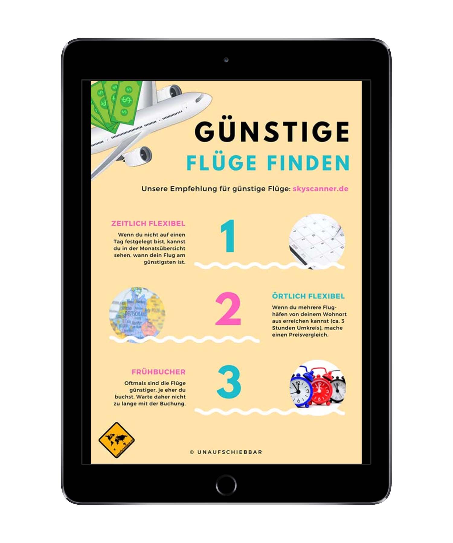 iPad-Mockup mit Infografik zu günstigen Flügen finden für Bali Lombok Reiseführer