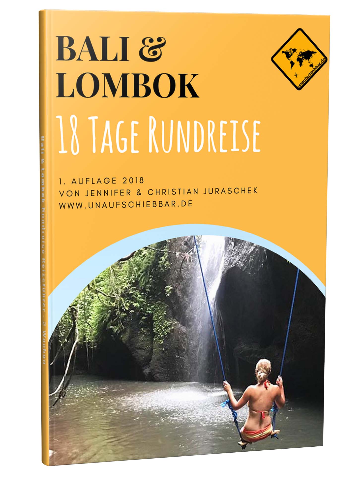 Bali Lombok Reiseführer 18 Tage Rundreise Cover mit gelbem Hintergrund und Wasserfallbild