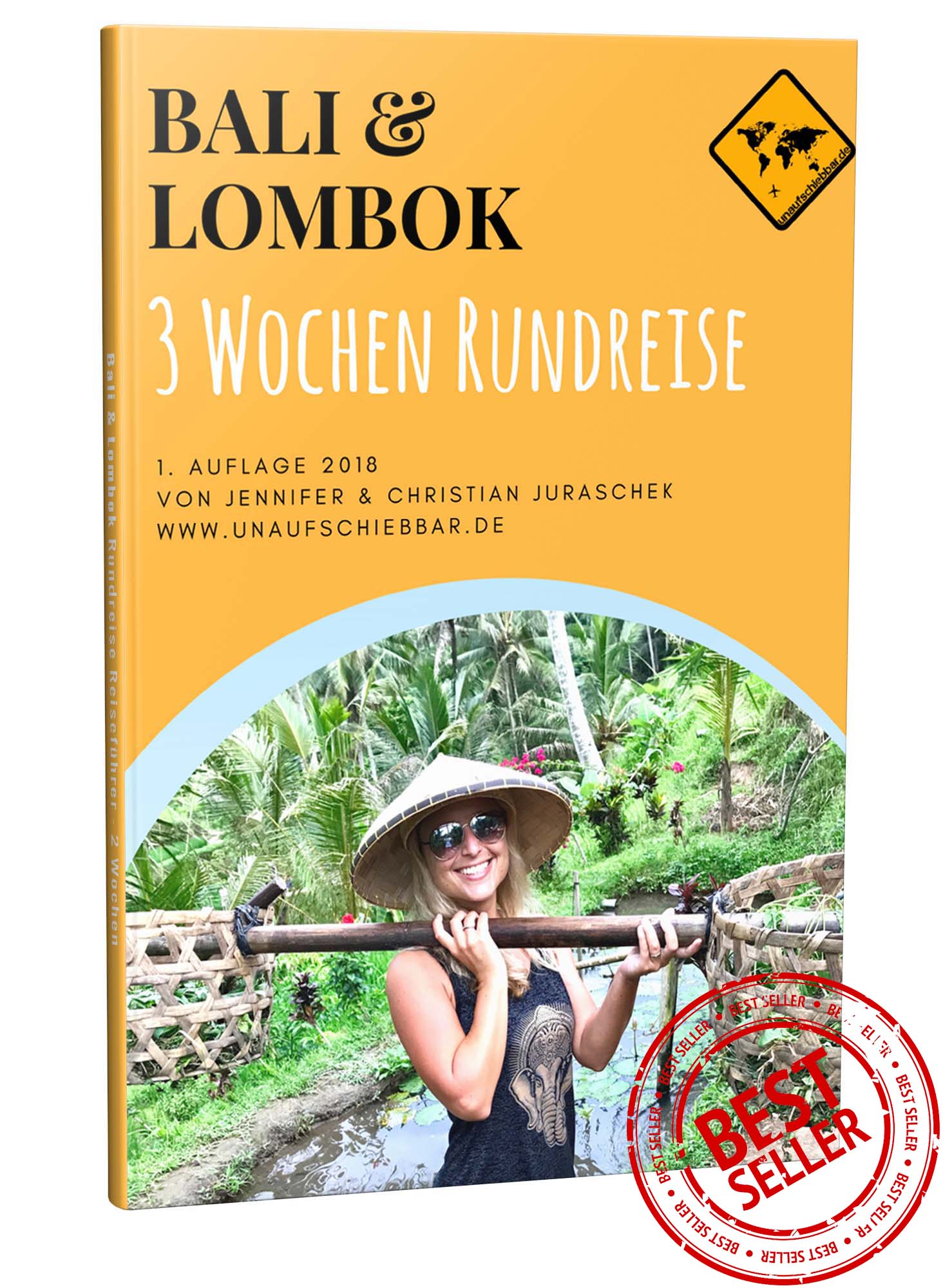 Bali Lombok Reiseführer 3 Wochen Rundreise Cover mit Frau und Bambusstab mit Bestseller-Stempel