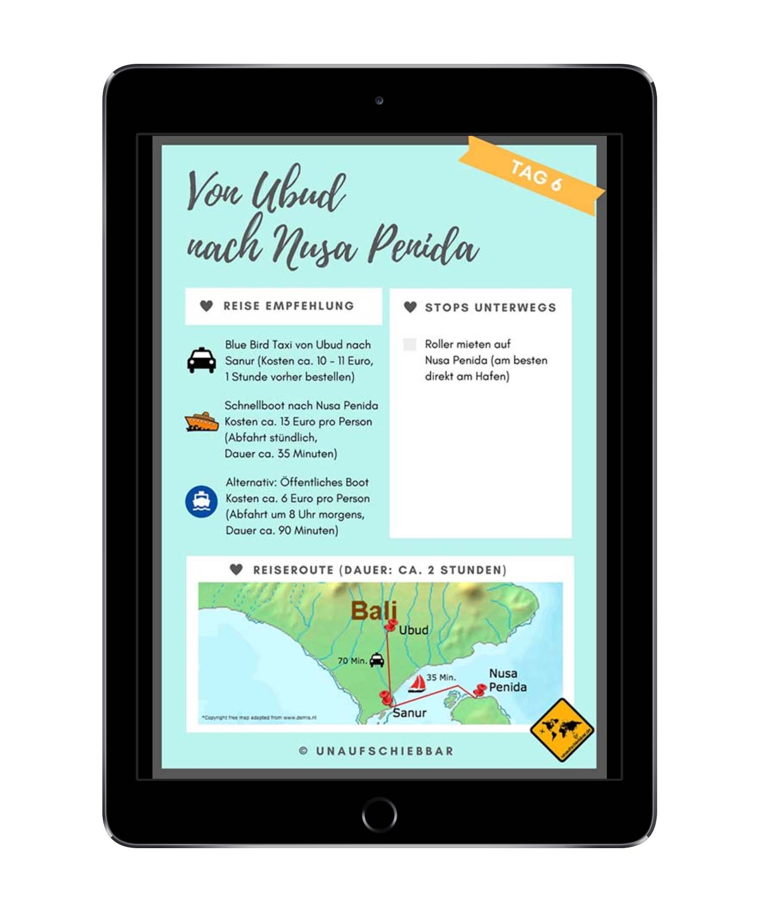 iPad-Mockup mit Tag 6 Reiseroute von Ubud nach Nusa Penida mit Karte und Transportoptionen