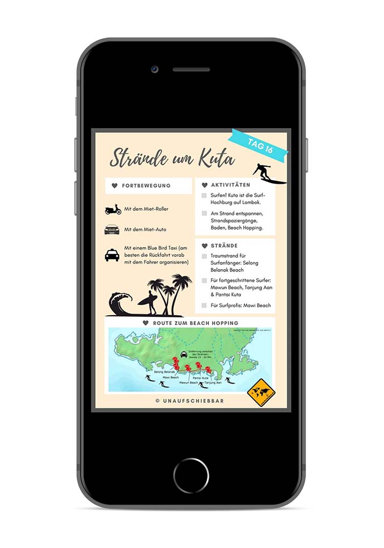 iPhone-Mockup mit Tag 16 Reiseplan für Strände um Kuta mit Aktivitäten und Karte