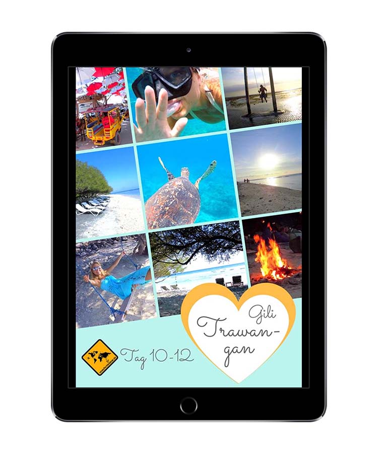 iPad-Mockup mit Fotogalerie Tag 10-12 Gili Trawangan mit Collage von Aktivitäten und Herz