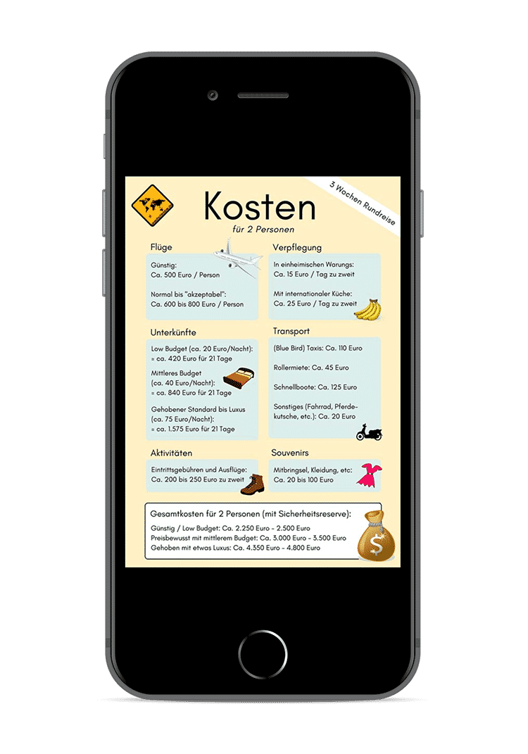 iPhone-Mockup mit Kostenübersicht für 2 Personen auf 3 Wochen Rundreise Bali Lombok