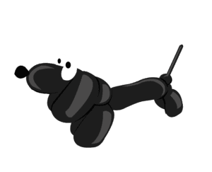 Schwarze Ballonfigur eines Dackels mit langem Körper und Beinen