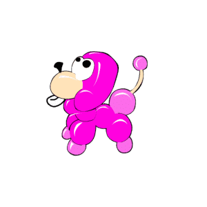 Magenta und rosa Ballonfigur eines Pudels mit pompöser Frisur