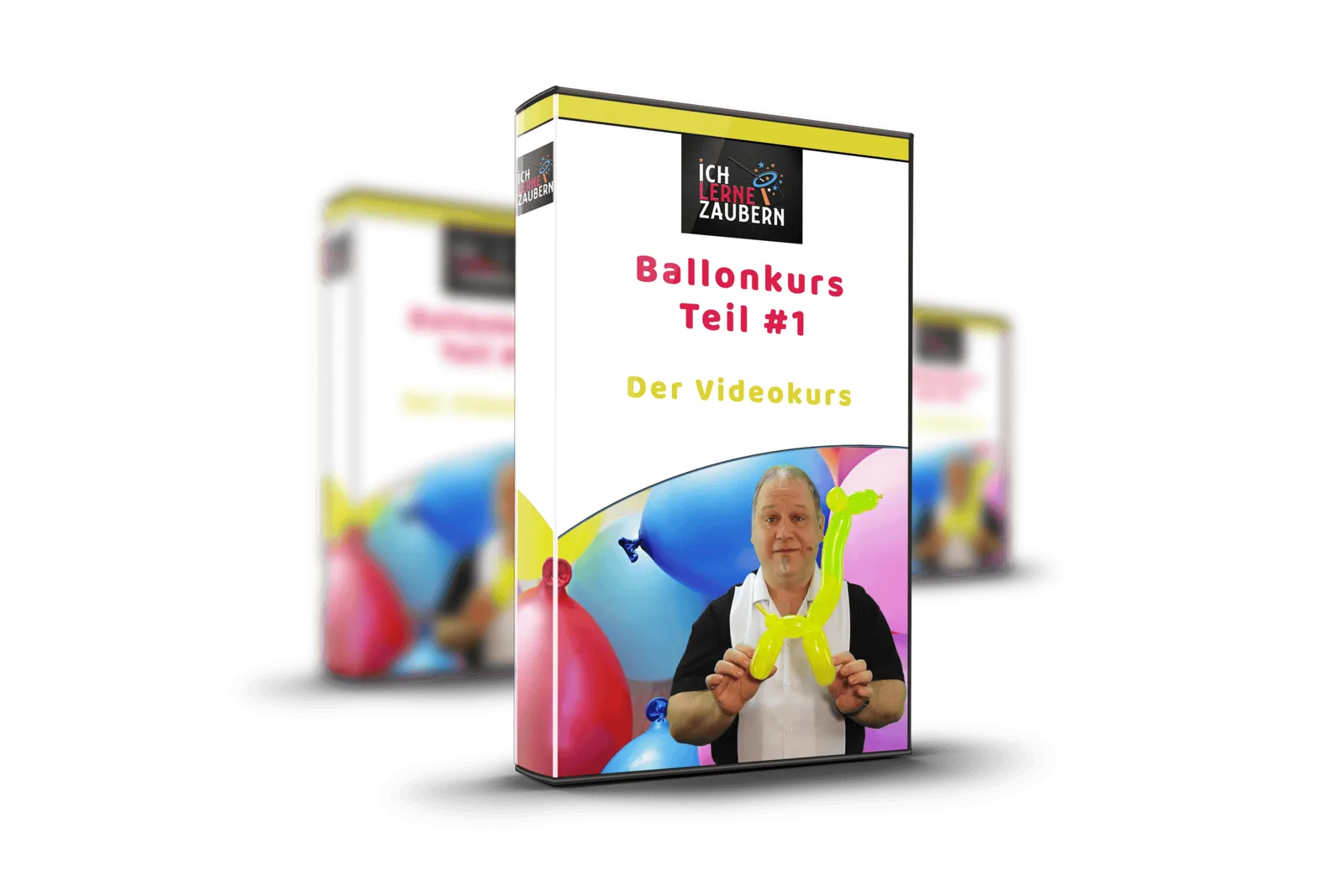 3D-Perspektive der Ballonkurs-Teil-1-DVD-Box mit Instructor und grüner Luftballonfigur