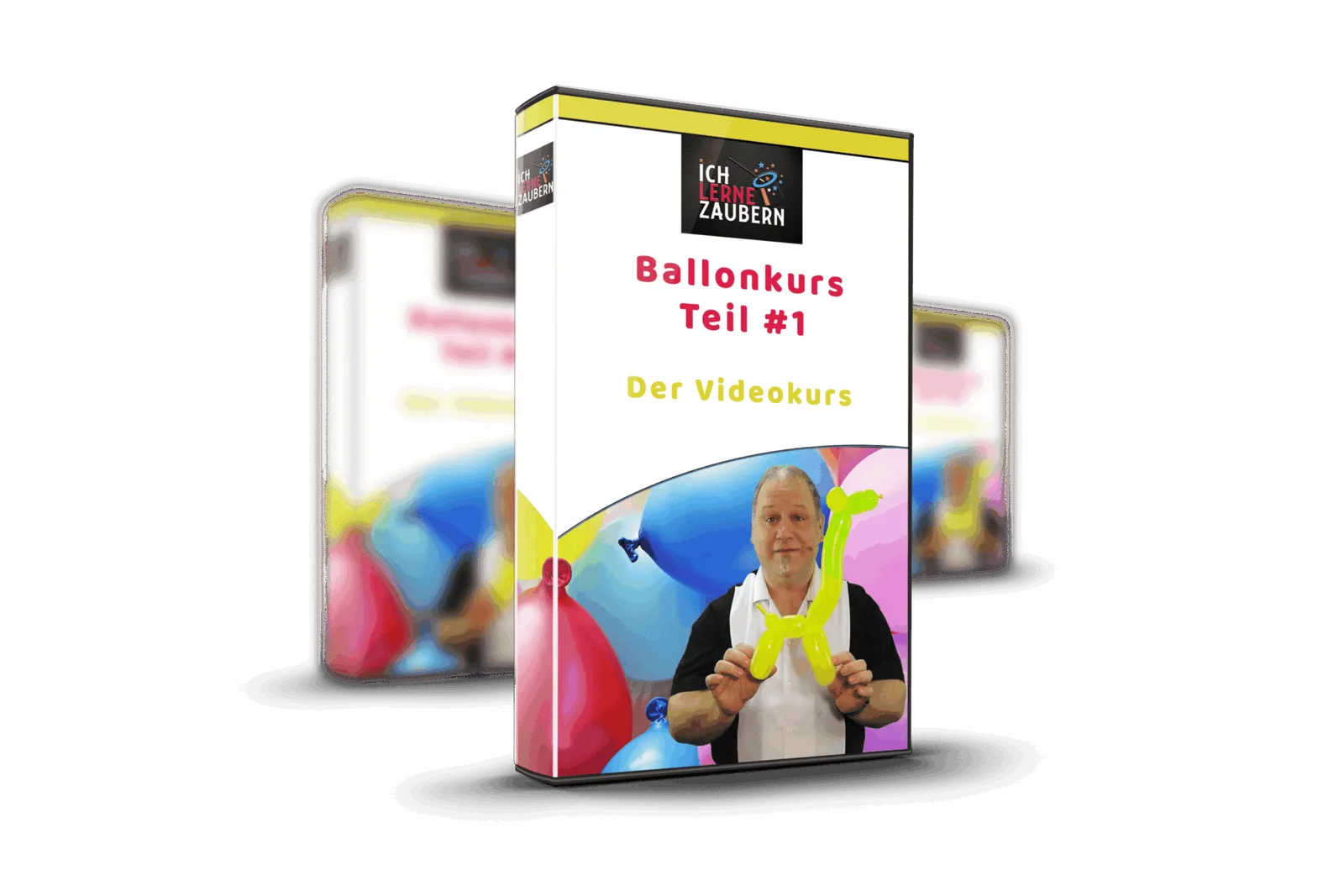 3D-Mockup der Ballonkurs-Teil-1-DVD-Box mit Instructor und gelben Luftballonfiguren