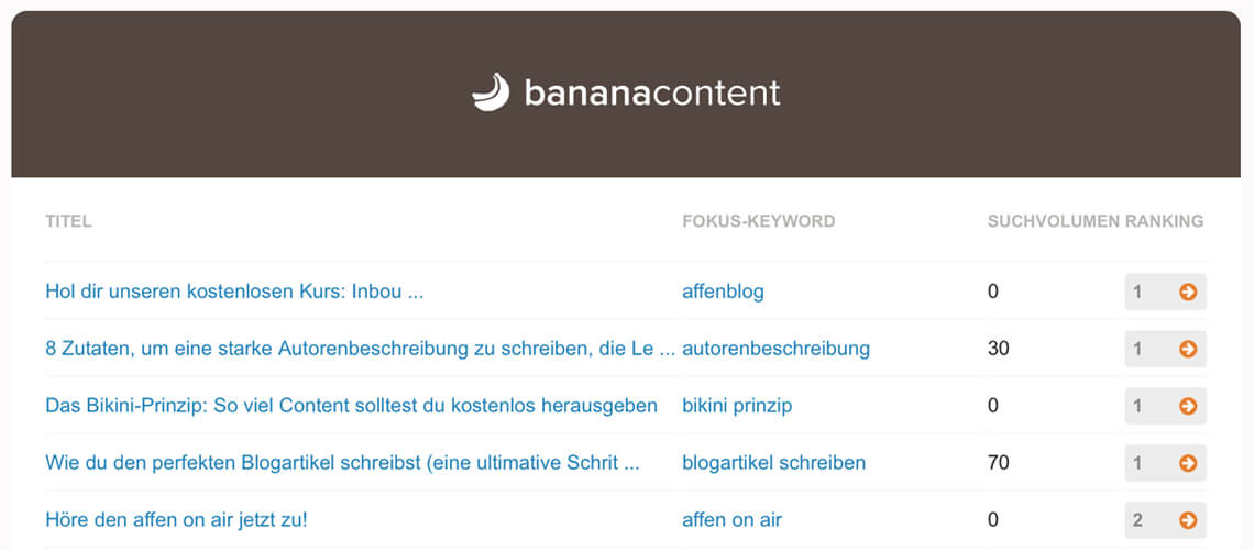 bananacontent Report mit Content-Titeln, Keywords und Rankings