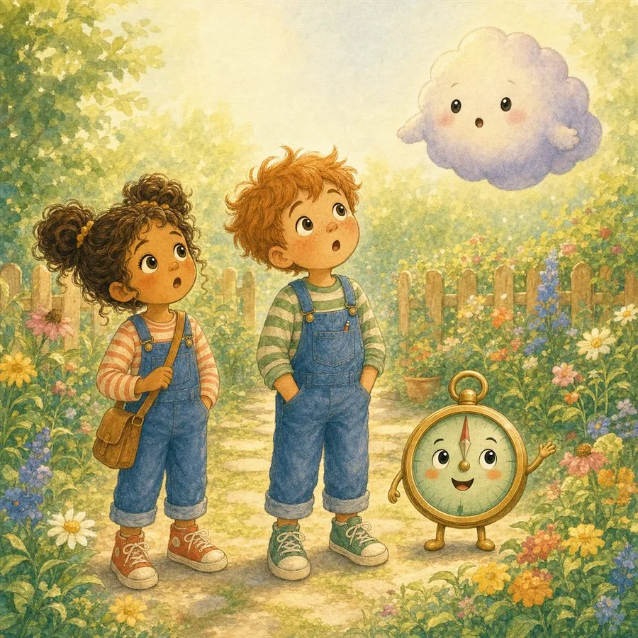 Illustration: Wolki die Gefühls-Wolke mit zwei Kindern und Kompass-Figur