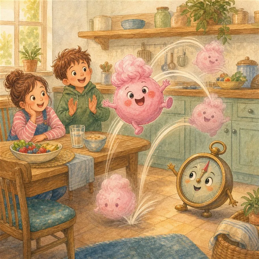 Illustration: Kind springt mit Zucker-Flummi Figur im Garten