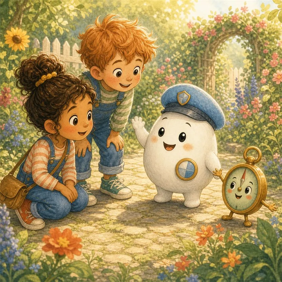 Illustration: Willi der Wächter mit zwei Kindern und Kompass-Figur im Garten
