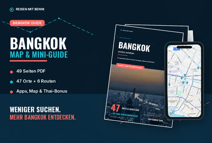 Bangkok Map & Mini-Guide 2026 Hero: Produktdarstellung mit PDF, physischem Guide und Smartphone-Map
