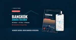 becomePro 1 Bangkok Guide Hero mit Produktmockup: PDF-Guide, Buch und Smartphone-Map mit 47 Orten und 6 Routen