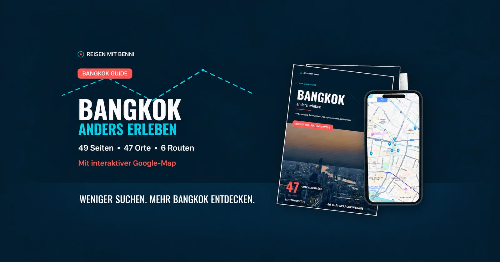 Bangkok Guide Hero mit Produktmockup: PDF-Guide, Buch und Smartphone-Map mit 47 Orten und 6 Routen
