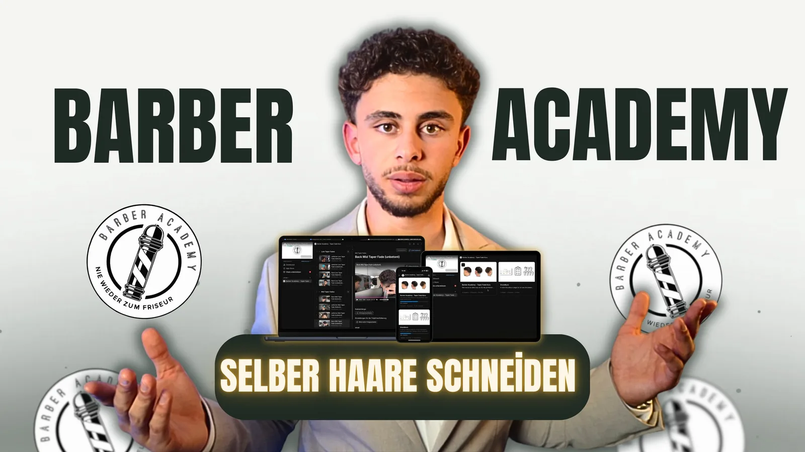 Junger Mann mit Haarschnitt präsentiert Barber Academy auf Tablets, Kurs-Interface