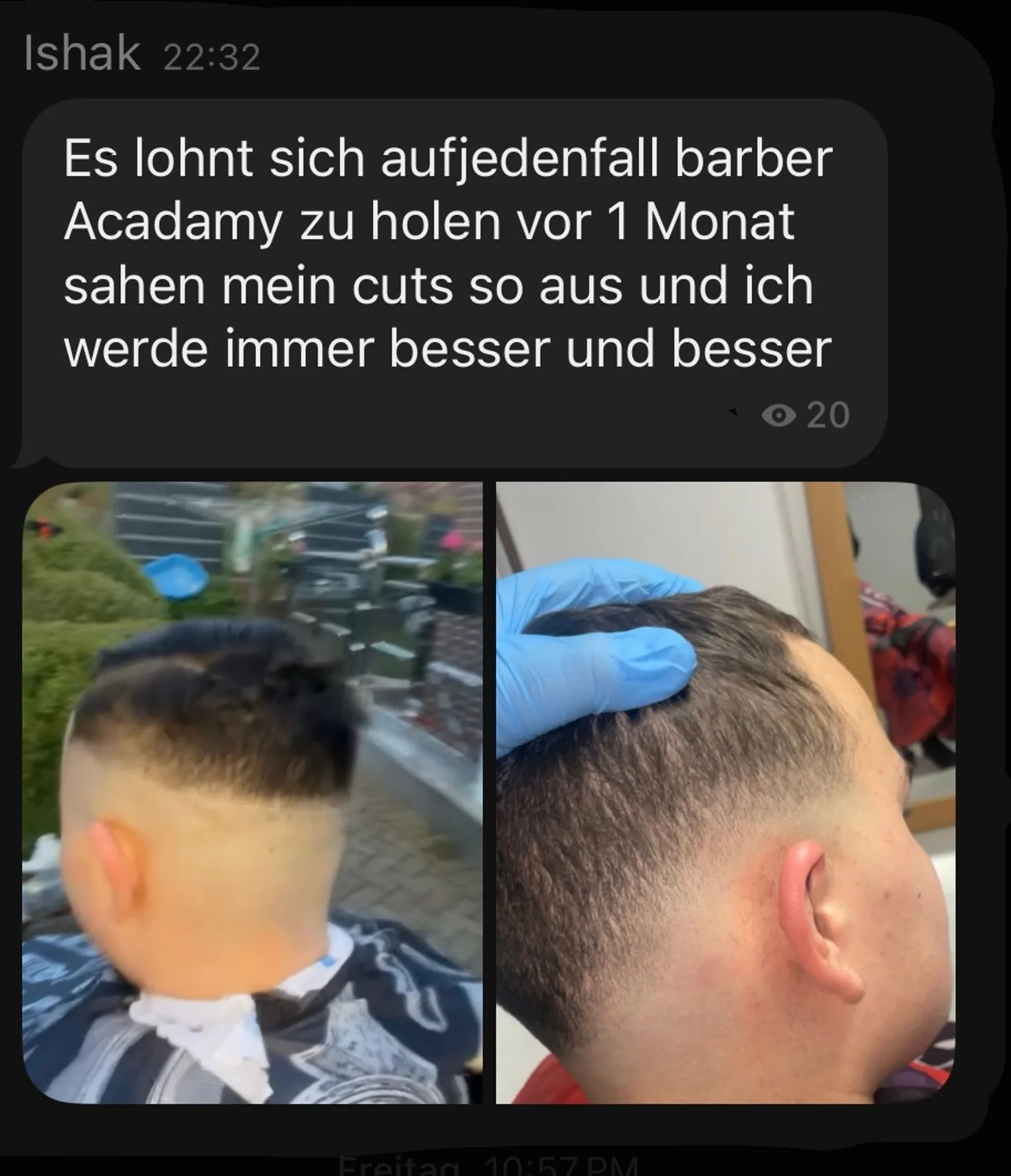 Chat-Nachricht mit Kundenerfahrung Barber Academy, Vorher-Nachher Haarschnitte