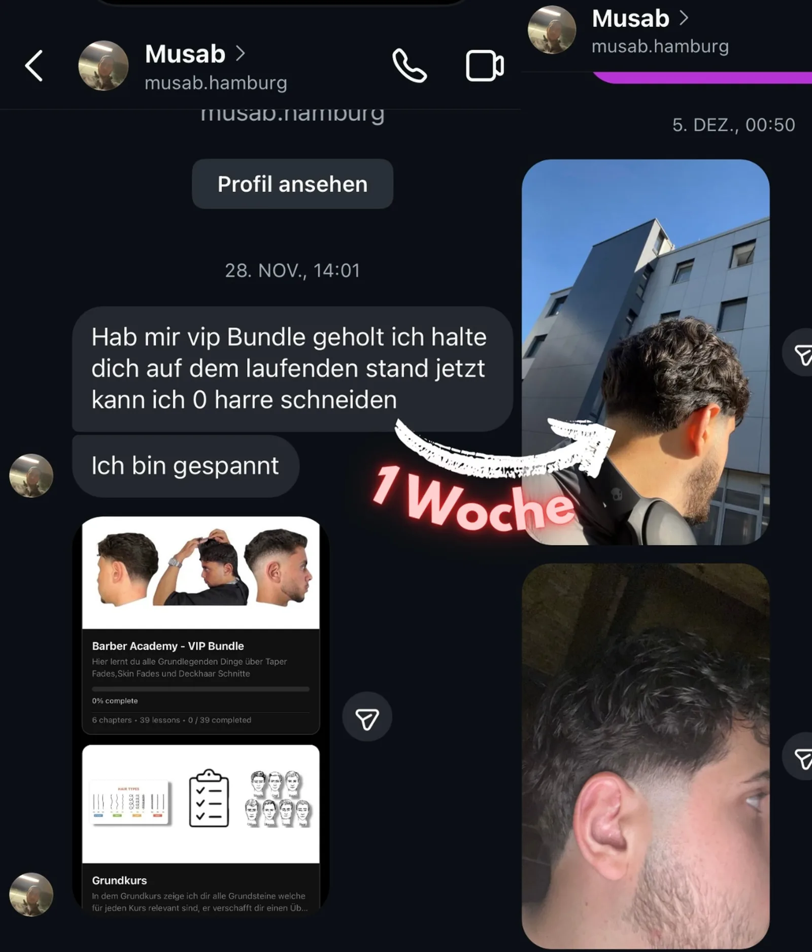 Instagram-Chat Musab mit VIP Bundle Kurs-Details und Haarschnitt-Ergebnissen