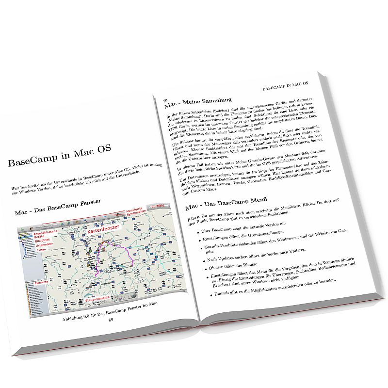 BaseCamp Handbuch V4 – E-Book zur Garmin-Tourenplanung 4 Aufgeschlagenes BaseCamp Handbuch Seiten 69-70 mit Mac OS Fenster-Ansicht und Sammlungs-Beschreibung
