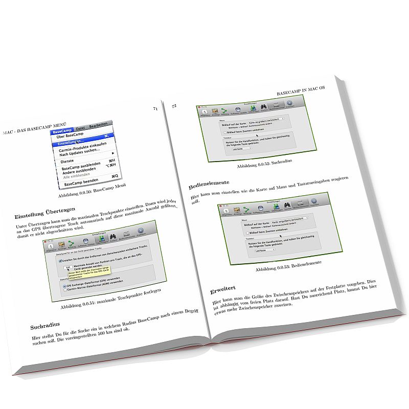 BaseCamp Handbuch V4 – E-Book zur Garmin-Tourenplanung 1 Aufgeschlagenes BaseCamp Handbuch Seiten 71-72 mit Menü-Übersicht, Screenshots und Bedienungserklärungen