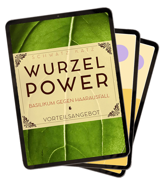 Mockup des »Wurzel Power« Anti-Age Bundles mit mehreren übereinandergelegten eBook-Covern auf schwarzem Tablet-Rahmen