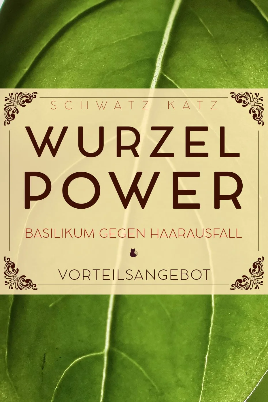 eBook-Cover »Wurzel Power – Basilikum gegen Haarausfall« von Schwatz Katz mit grünen Basilikumblättern