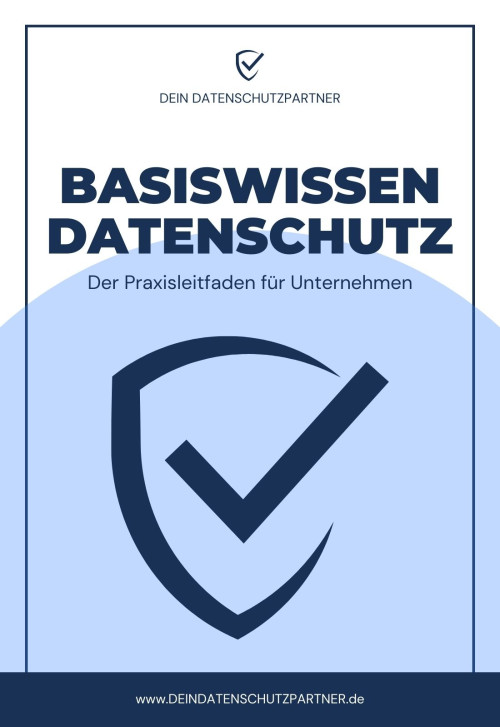 Cover des Videoleitfadens Basiswissen Datenschutz mit Schild-Logo und Checkmark-Symbol