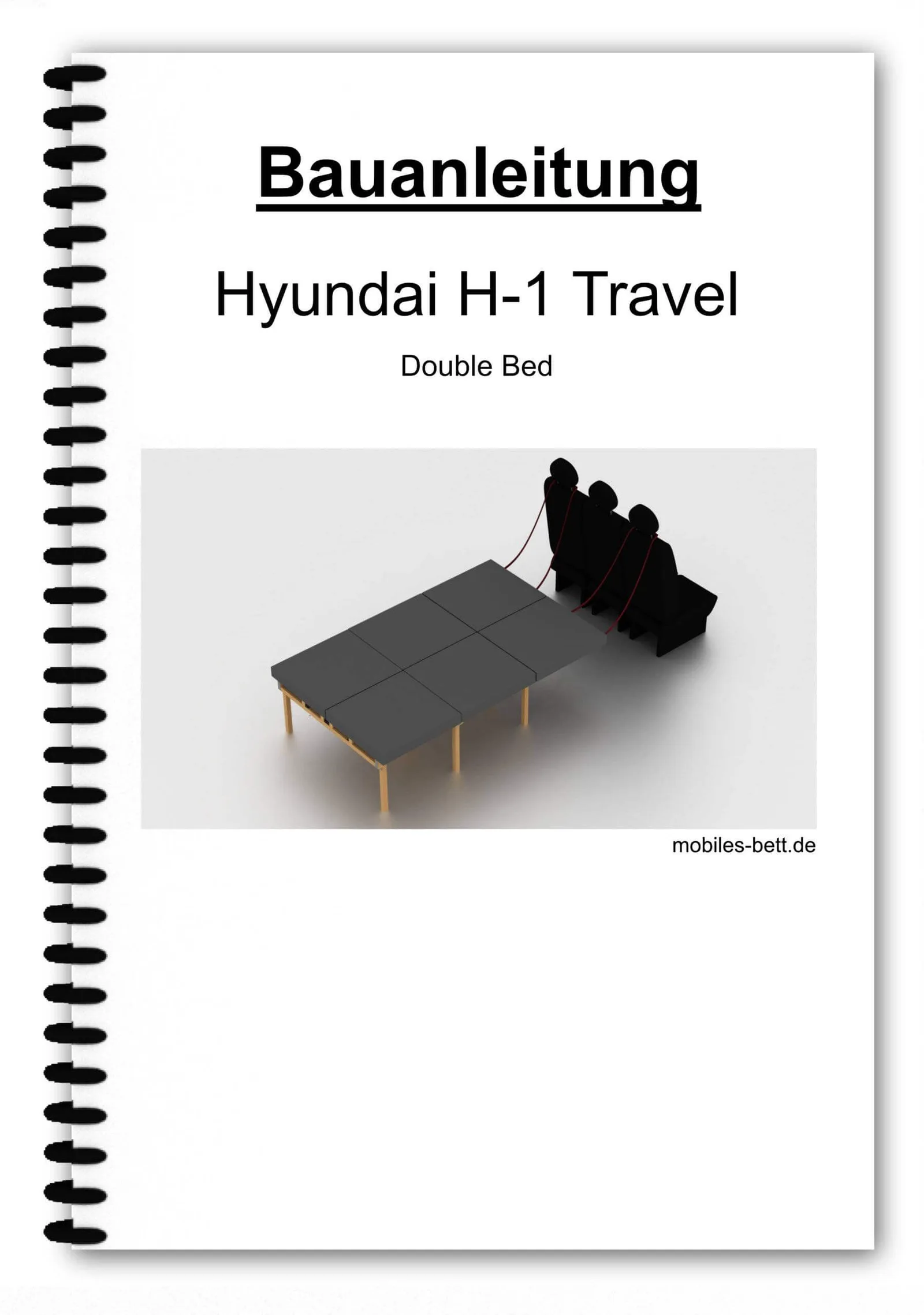 Assembly Instruction Cover für Hyundai H-1 Travel Double Bed mit englischem Text und 3D-Bettvisualisierung