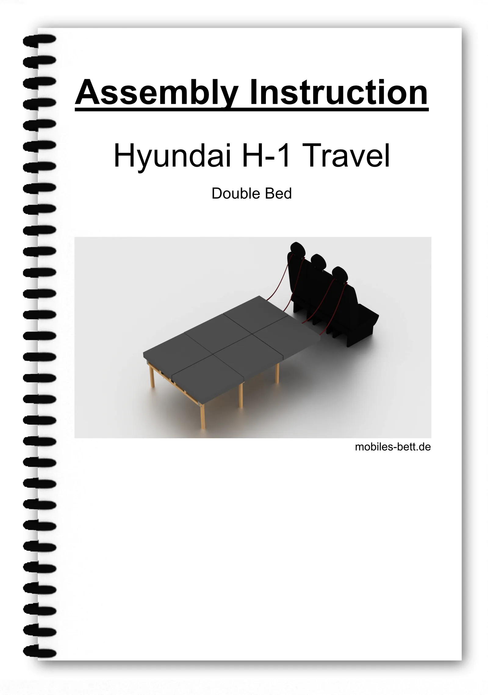 Assembly Instruction Innenseite für Hyundai H-1 Travel Double Bed mit Materialliste und 3D-Rendering