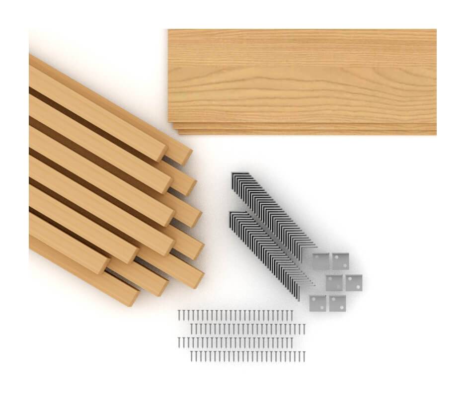 Holzlatten, Metallwinkel und Nägel als Materialkomponenten für Bettgestell