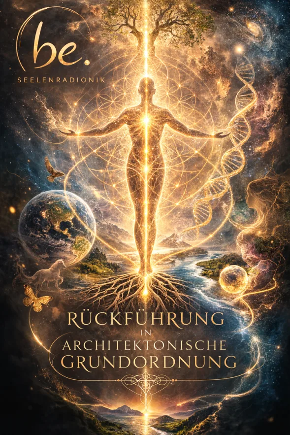 Cover be.Seelenradionik – Rückführung in architektonische Grundordnung mit leuchtender Menschenfigur und kosmischen Symbolen